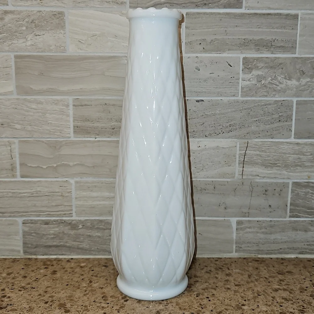 E C Brody Flower Bud Vase Diamond Quilted Milk Glass Vintage